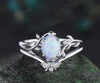 Oval cut opal engagement ring set white gold nature inspired branches leaf ring bee curved wedding band bridal jewelry gifts