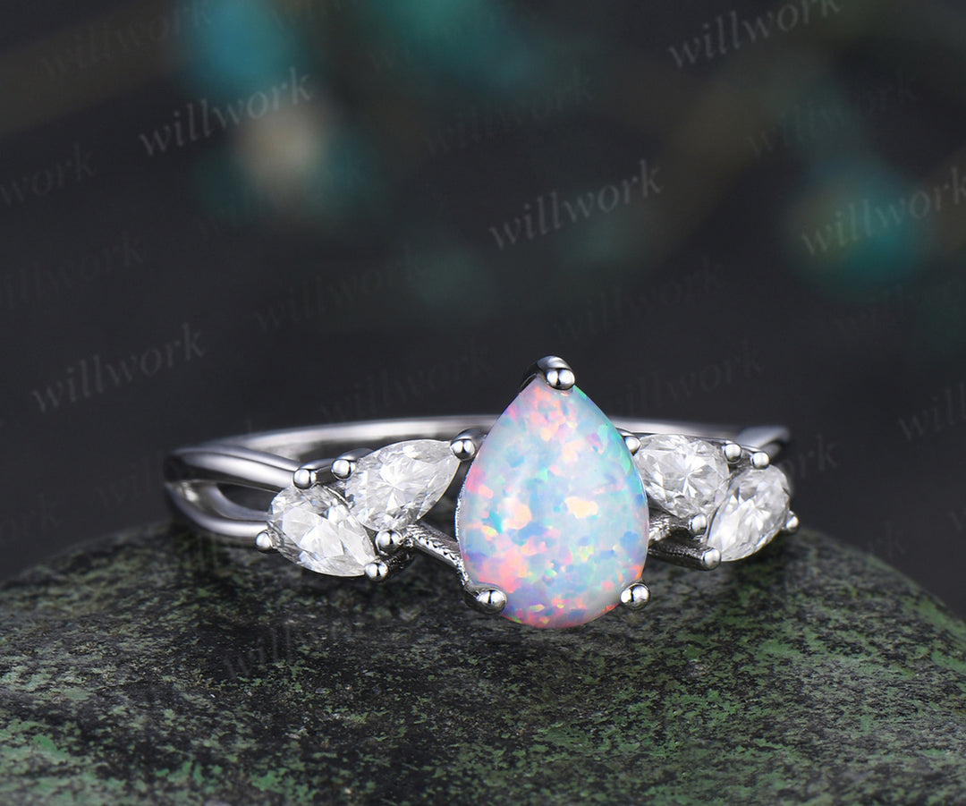 Pear cut opal engagement ring pear moissanite cluster split shank ring bridal unique bridal ring gifts for women