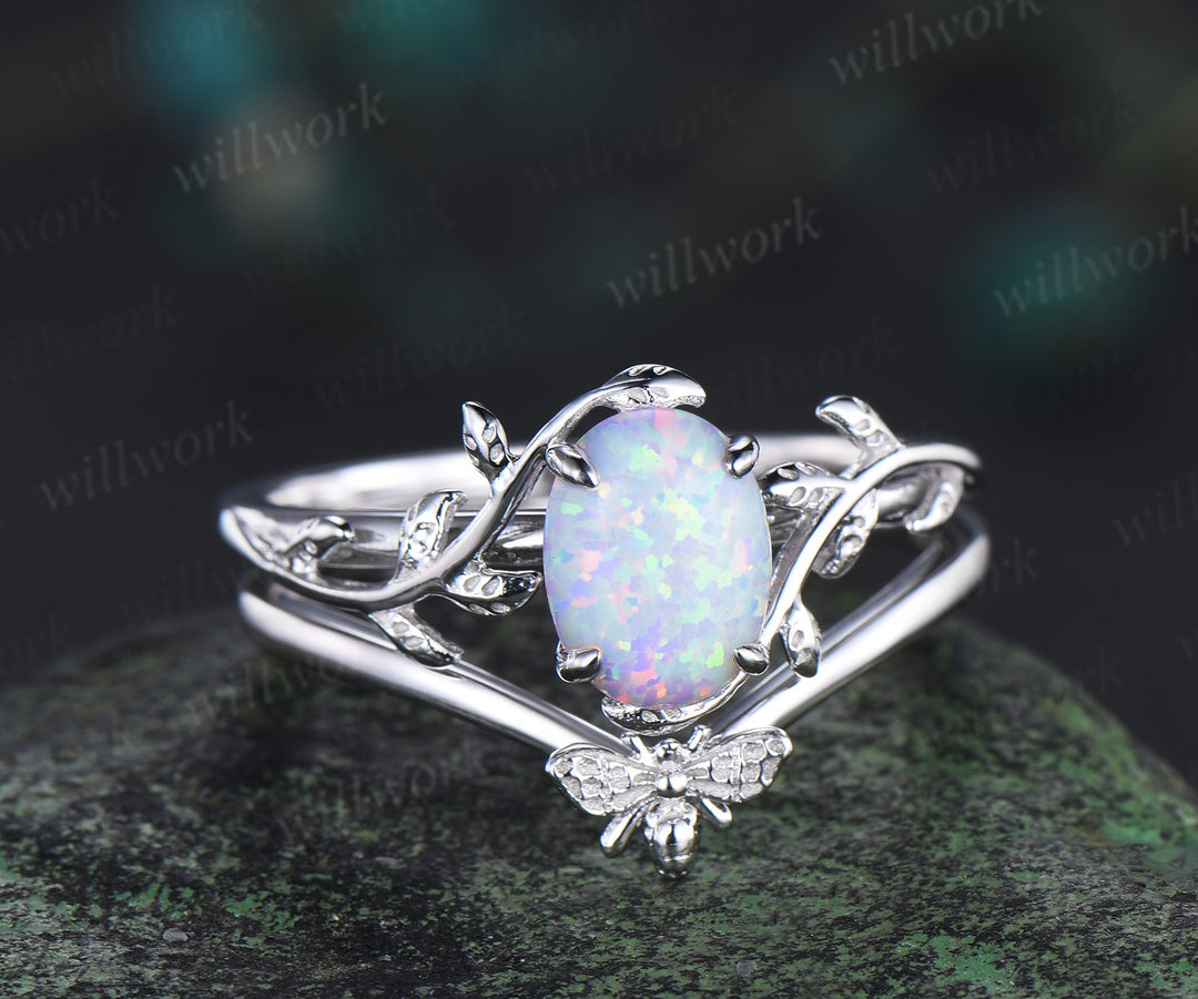 Oval cut opal engagement ring set white gold nature inspired branches leaf ring bee curved wedding band bridal jewelry gifts