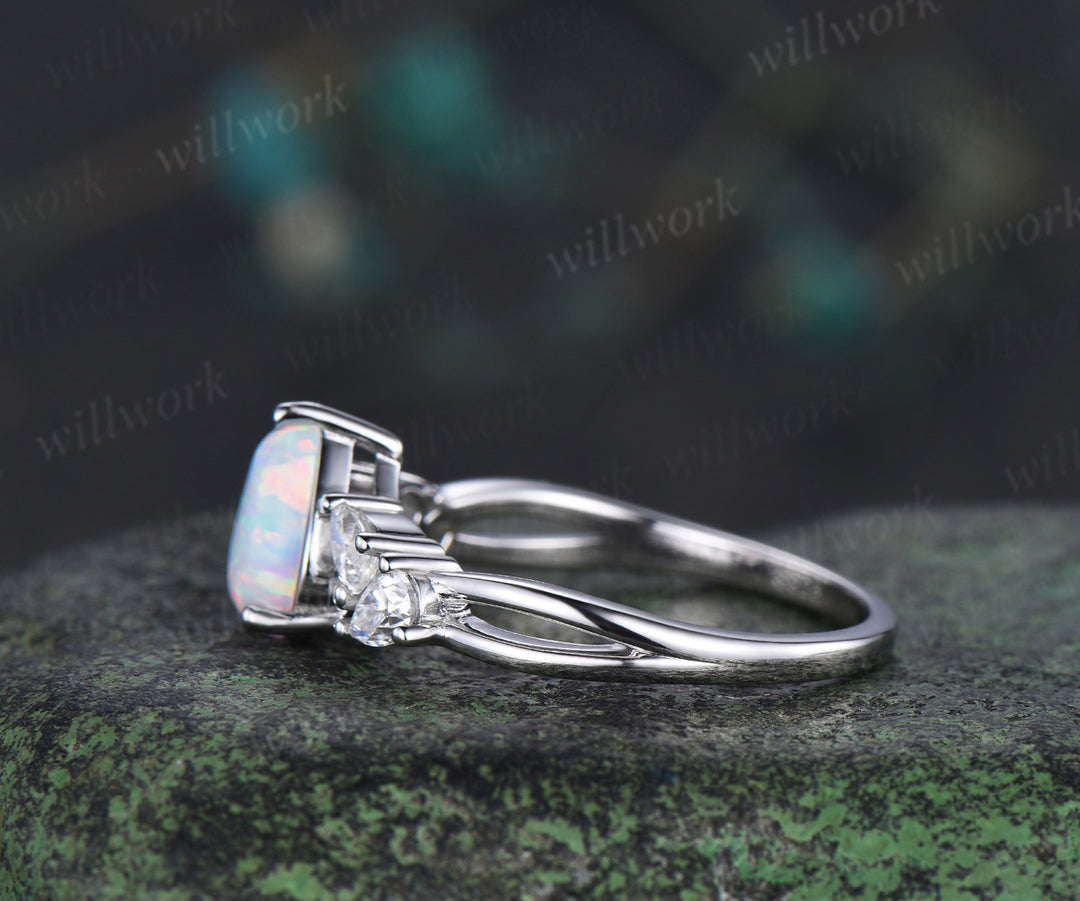 Pear cut opal engagement ring pear moissanite cluster split shank ring bridal unique bridal ring gifts for women