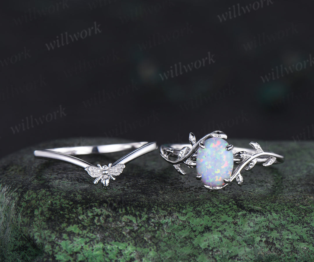 Oval cut opal engagement ring set white gold nature inspired branches leaf ring bee curved wedding band bridal jewelry gifts