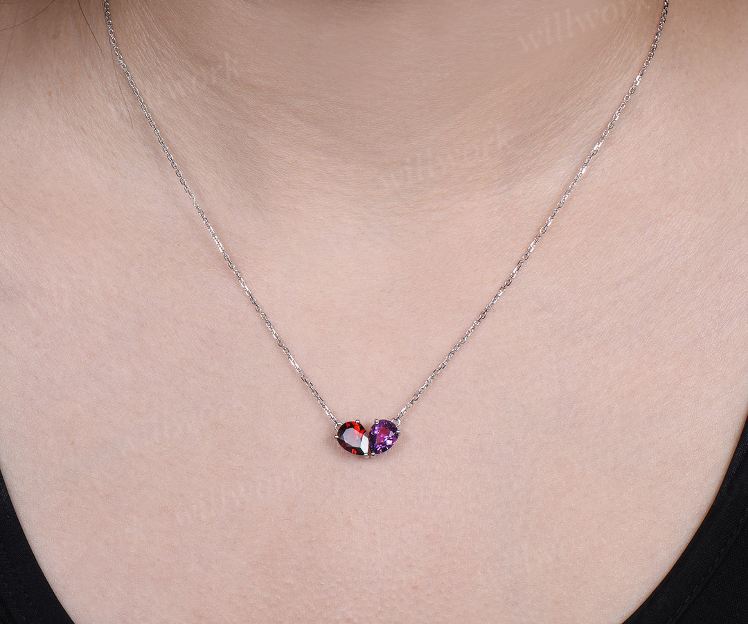Pear garnet amethyst pendant necklace heart shape pendant Toi et Moi necklace minimalist birthstone necklace unique gifts