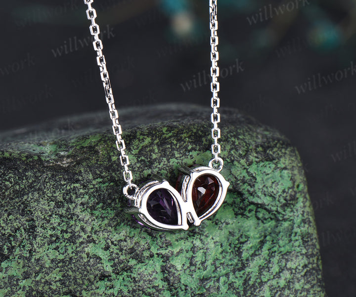 Pear garnet amethyst pendant necklace heart shape pendant Toi et Moi necklace minimalist birthstone necklace unique gifts