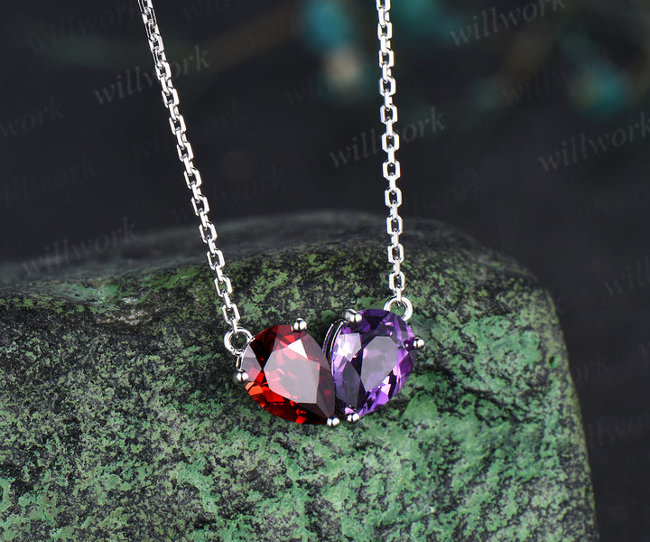 Pear garnet amethyst pendant necklace heart shape pendant Toi et Moi necklace minimalist birthstone necklace unique gifts