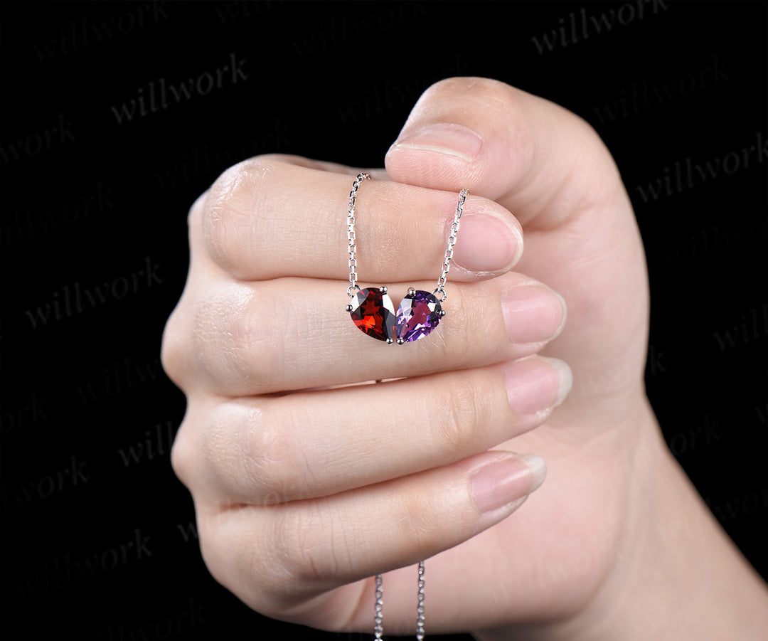 Pear garnet amethyst pendant necklace heart shape pendant Toi et Moi necklace minimalist birthstone necklace unique gifts
