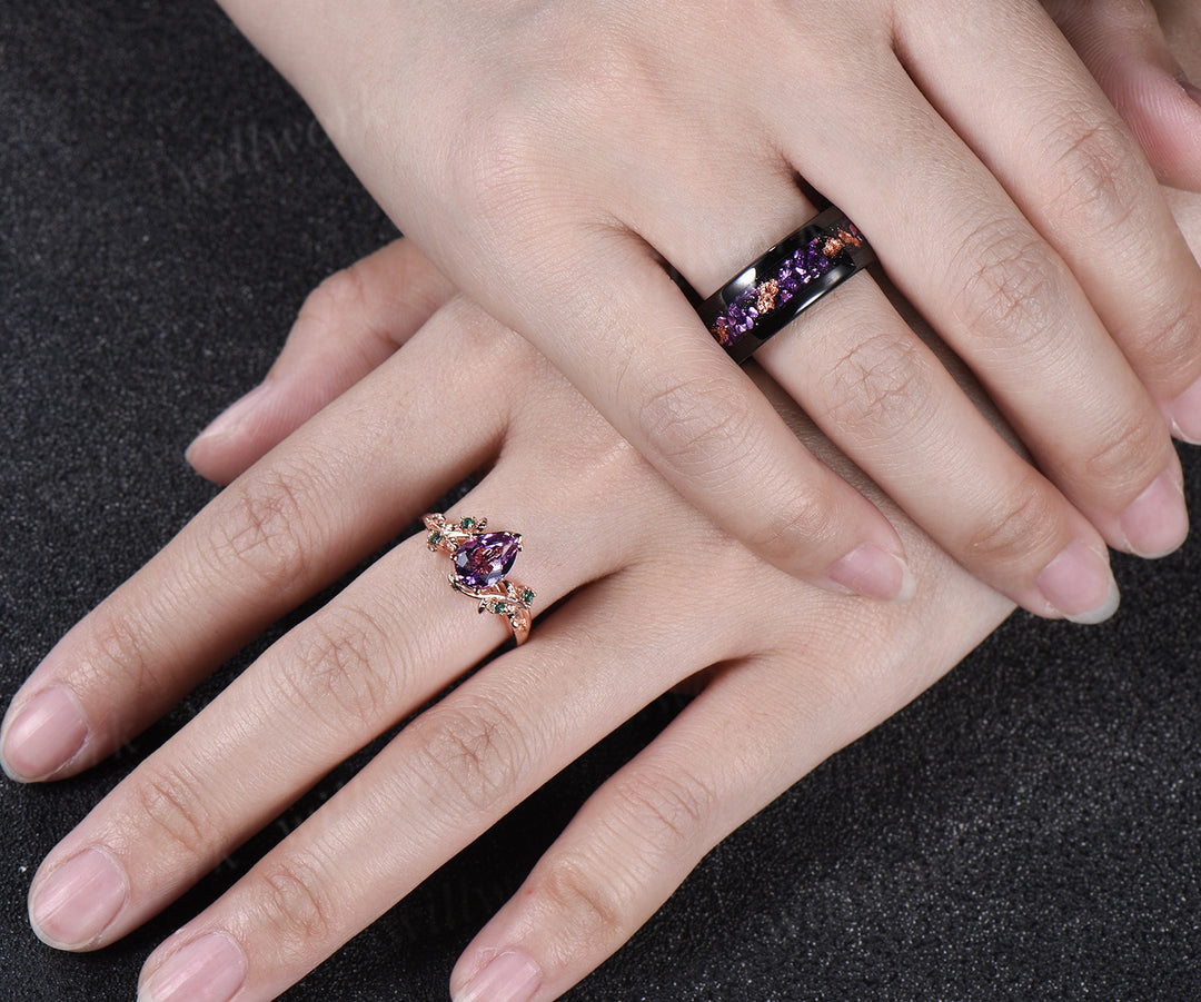Nature Inspired Amethsyt Leaf Emeralds Ring & Tungsten Amethyst Men Wedding Band Enchanting Couple Ring Set