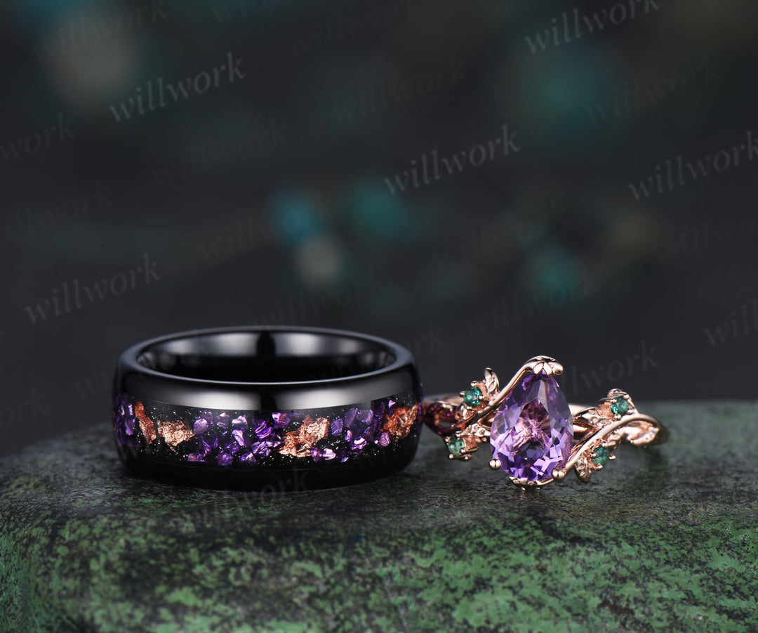 Nature Inspired Amethsyt Leaf Emeralds Ring & Tungsten Amethyst Men Wedding Band Enchanting Couple Ring Set