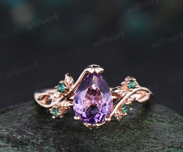 Nature Inspired Amethsyt Leaf Emeralds Ring & Tungsten Amethyst Men Wedding Band Enchanting Couple Ring Set