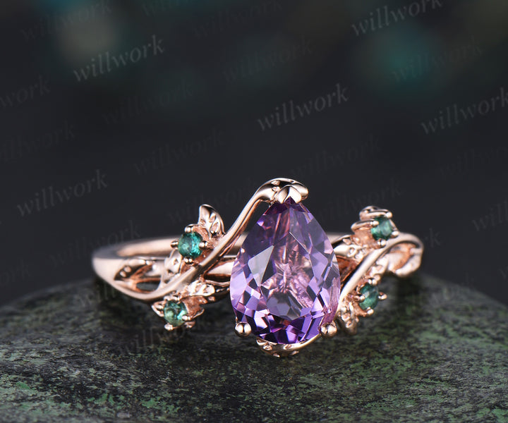 Nature Inspired Amethsyt Leaf Emeralds Ring & Tungsten Amethyst Men Wedding Band Enchanting Couple Ring Set