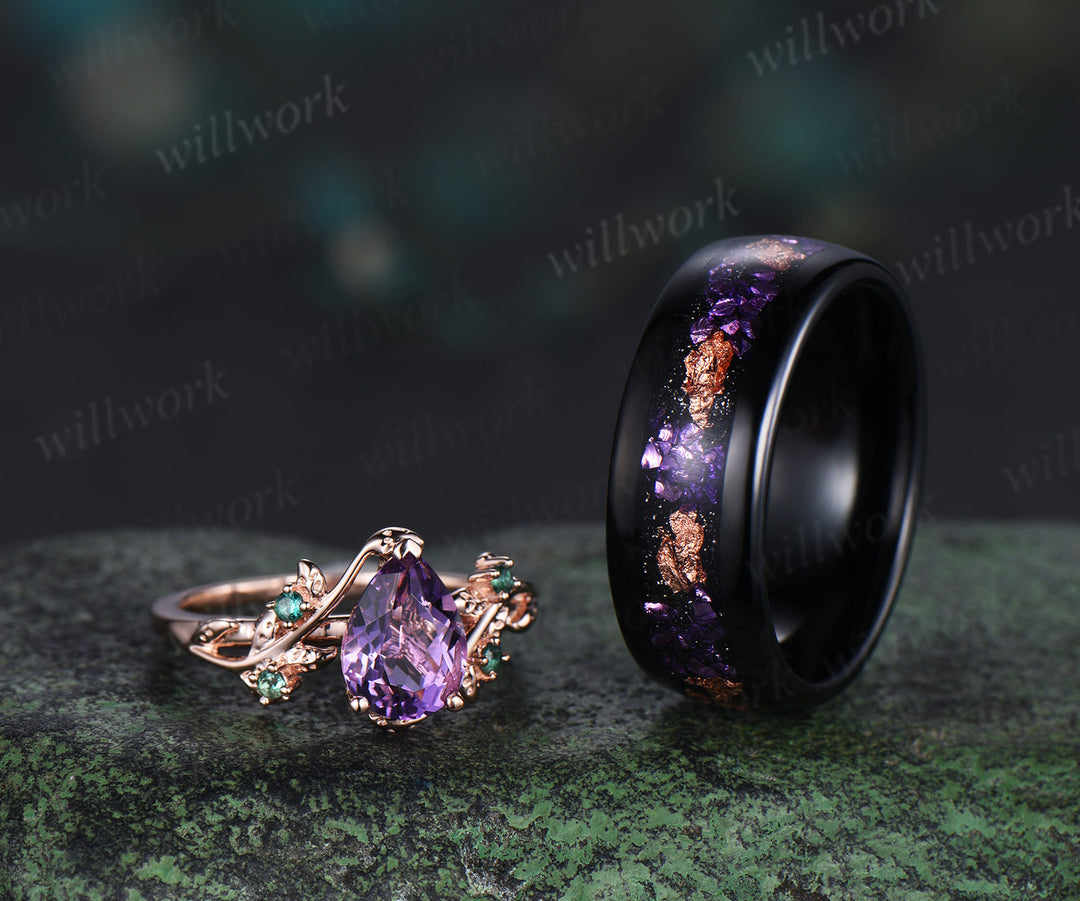 Nature Inspired Amethsyt Leaf Emeralds Ring & Tungsten Amethyst Men Wedding Band Enchanting Couple Ring Set