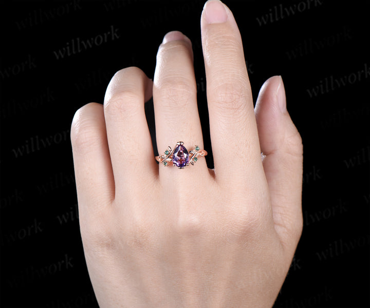 Nature Inspired Amethsyt Leaf Emeralds Ring & Tungsten Amethyst Men Wedding Band Enchanting Couple Ring Set
