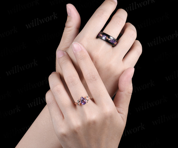 Nature Inspired Amethsyt Leaf Emeralds Ring & Tungsten Amethyst Men Wedding Band Enchanting Couple Ring Set