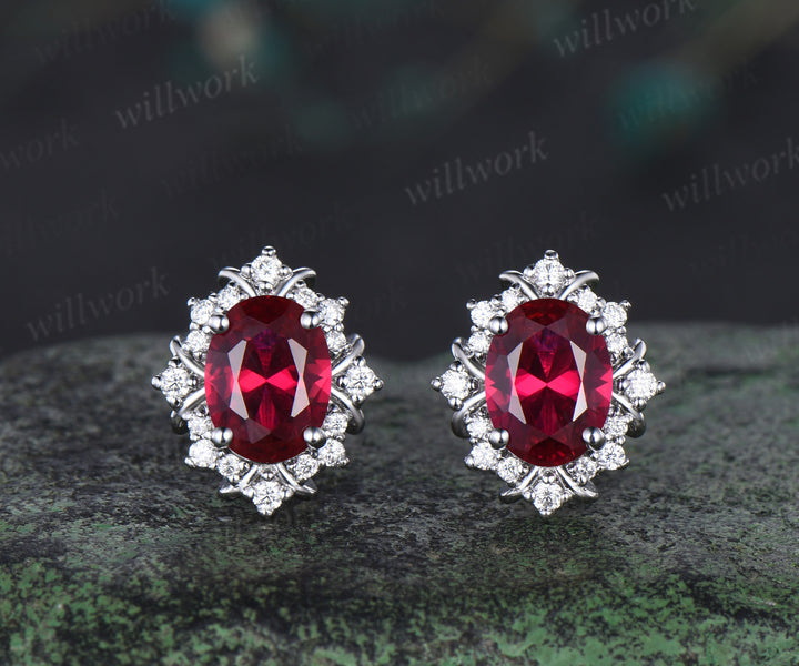 Vintage oval cut ruby stud earrings unique moissanite halo earrings 14k white gold pierced earrings July birthstone gifts