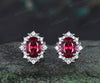 Vintage oval cut ruby stud earrings unique moissanite halo earrings 14k white gold pierced earrings July birthstone gifts