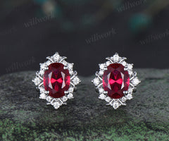 Vintage oval cut ruby stud earrings unique moissanite halo earrings 14k white gold pierced earrings July birthstone gifts