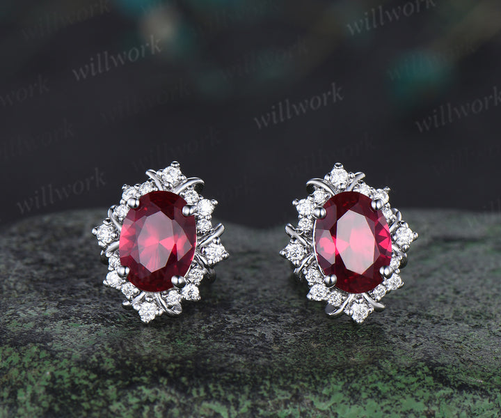 Vintage oval cut ruby stud earrings unique moissanite halo earrings 14k white gold pierced earrings July birthstone gifts