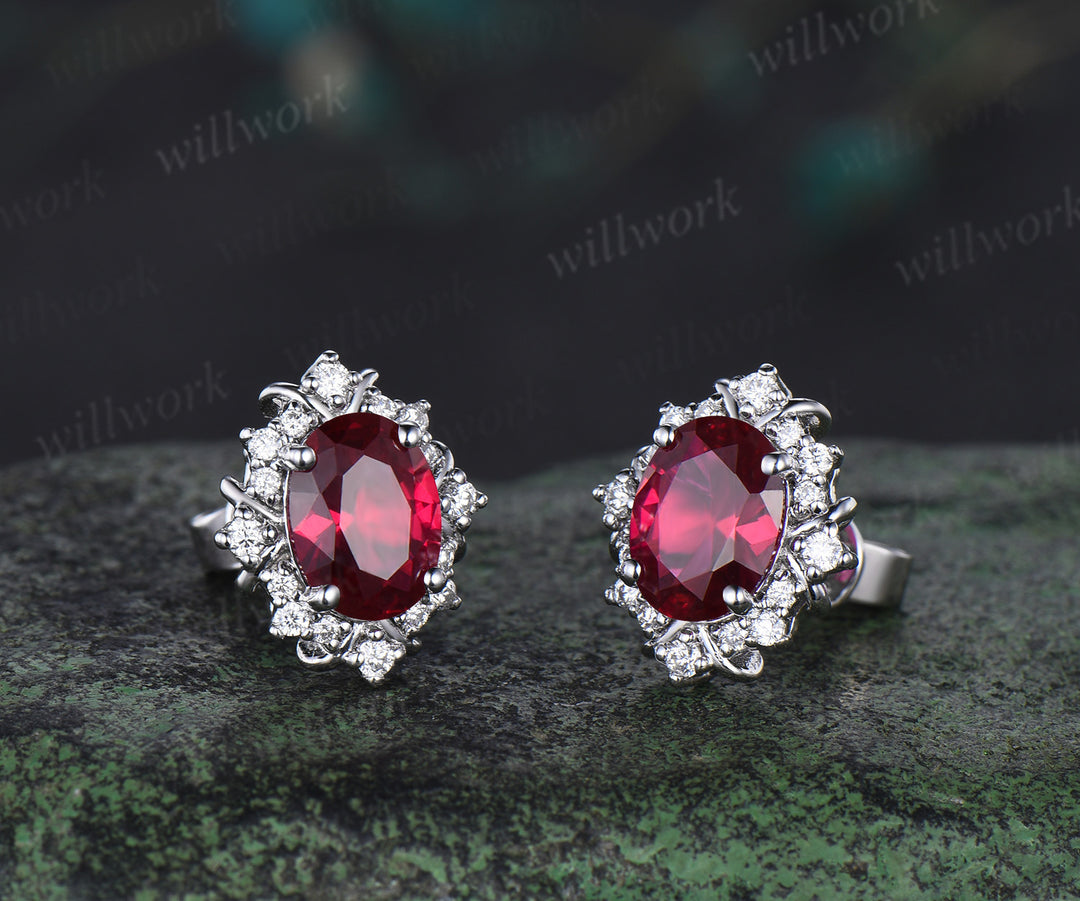 Vintage oval cut ruby stud earrings unique moissanite halo earrings 14k white gold pierced earrings July birthstone gifts