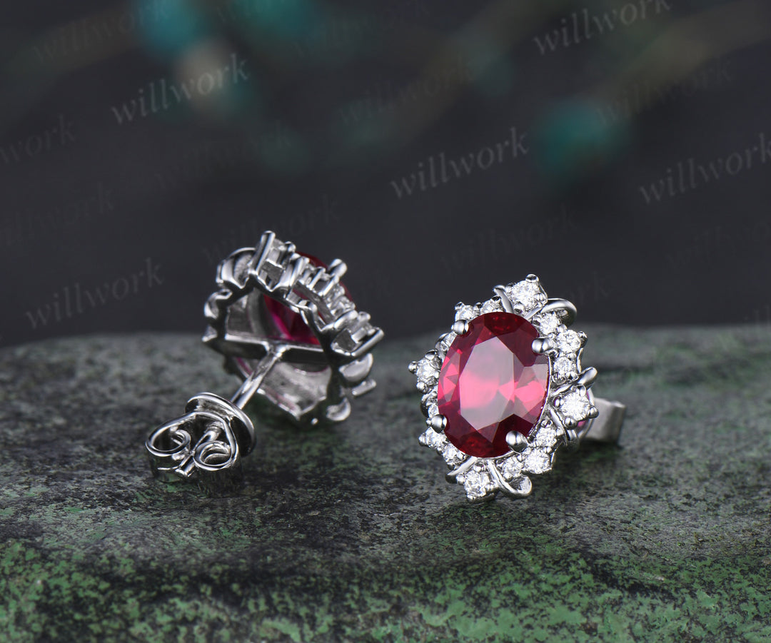 Vintage oval cut ruby stud earrings unique moissanite halo earrings 14k white gold pierced earrings July birthstone gifts