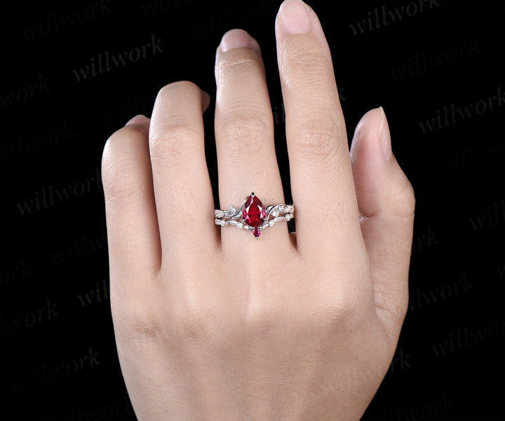 Nature inspired pear ruby wedding ring set solid white gold leaf twig moissanite ring match pear ruby wedding band unique bridal set July birthstone jewelry