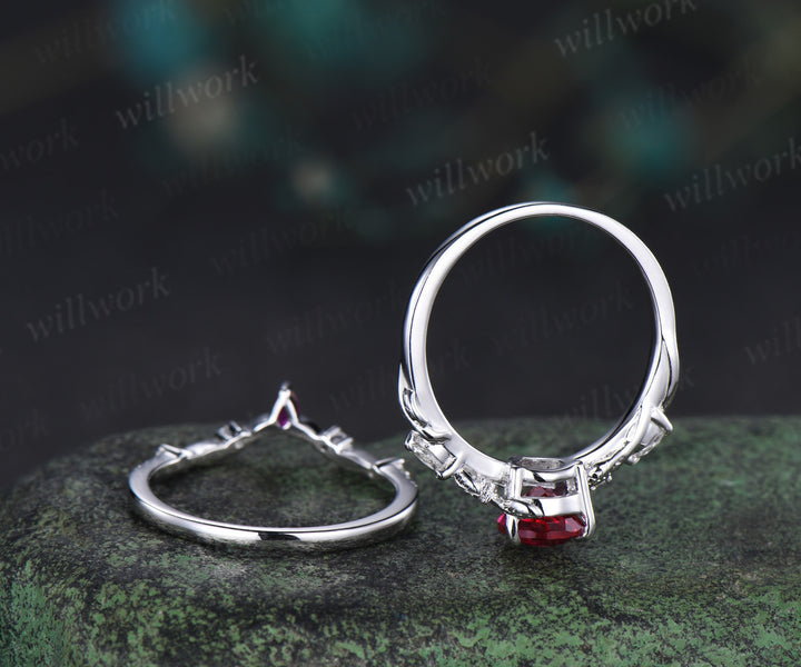 Nature inspired pear ruby wedding ring set solid white gold leaf twig moissanite ring match pear ruby wedding band unique bridal set July birthstone jewelry