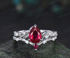 Nature inspired pear ruby wedding ring set solid white gold leaf twig moissanite ring match pear ruby wedding band unique bridal set July birthstone jewelry