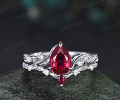 Nature inspired pear ruby wedding ring set solid white gold leaf twig moissanite ring match pear ruby wedding band unique bridal set July birthstone jewelry
