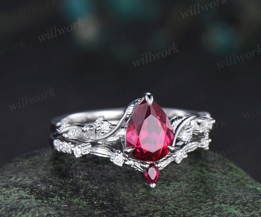 Nature inspired pear ruby wedding ring set solid white gold leaf twig moissanite ring match pear ruby wedding band unique bridal set July birthstone jewelry