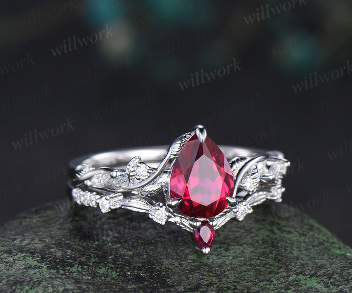 Nature inspired pear ruby wedding ring set solid white gold leaf twig moissanite ring match pear ruby wedding band unique bridal set July birthstone jewelry