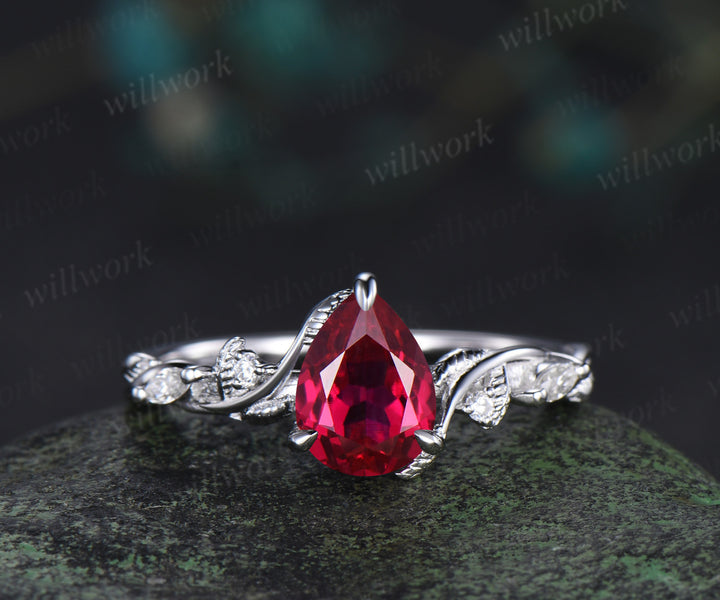 Nature inspired pear ruby wedding ring set solid white gold leaf twig moissanite ring match pear ruby wedding band unique bridal set July birthstone jewelry