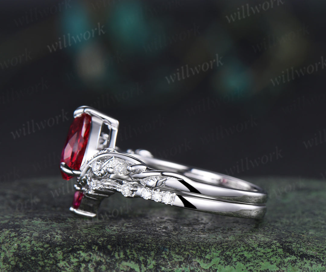 Nature inspired pear ruby wedding ring set solid white gold leaf twig moissanite ring match pear ruby wedding band unique bridal set July birthstone jewelry