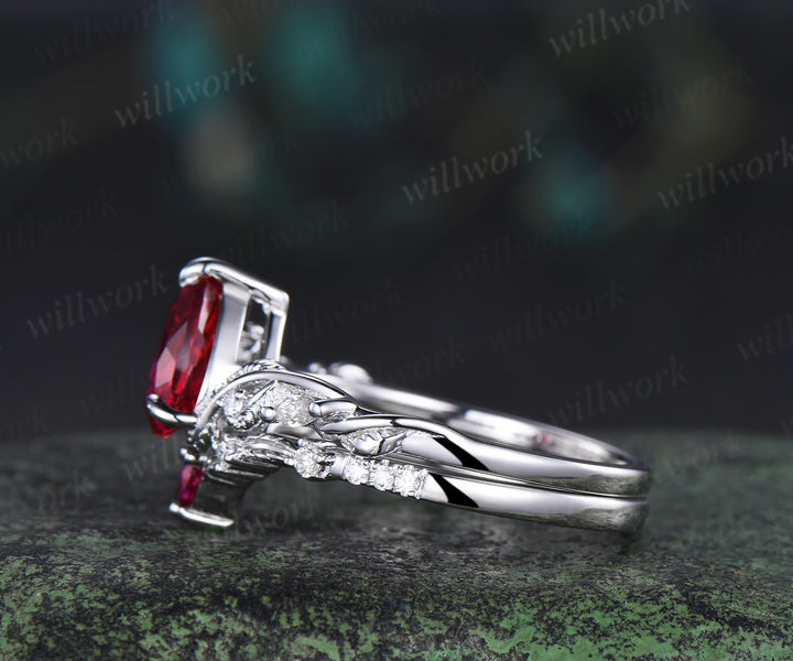 Nature inspired pear ruby wedding ring set solid white gold leaf twig moissanite ring match pear ruby wedding band unique bridal set July birthstone jewelry