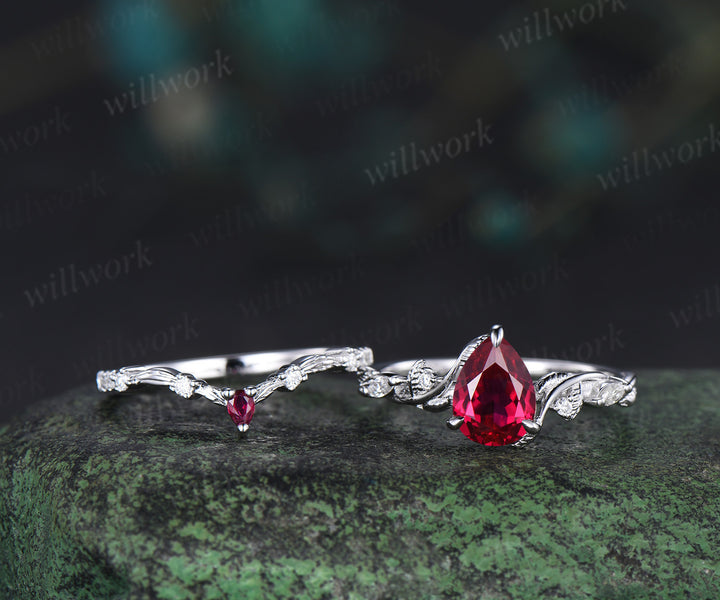Nature inspired pear ruby wedding ring set solid white gold leaf twig moissanite ring match pear ruby wedding band unique bridal set July birthstone jewelry