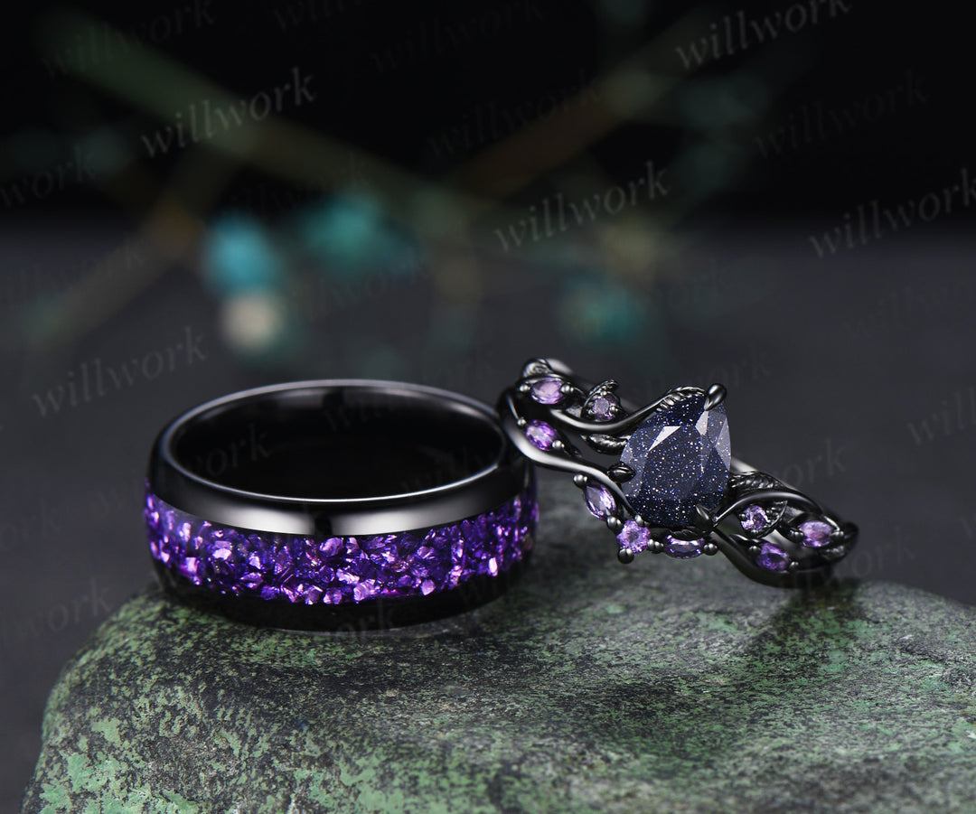 Teardrop Blue Sandstone Nature Inspired Leaf Amethyst Ring Set & Tungsten Amethyst Men Wedding Band Romantic Couple Jewelry Set