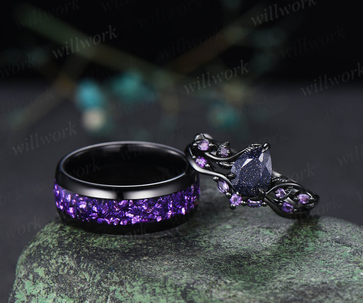 Teardrop Blue Sandstone Nature Inspired Leaf Amethyst Ring Set & Tungsten Amethyst Men Wedding Band Romantic Couple Jewelry Set