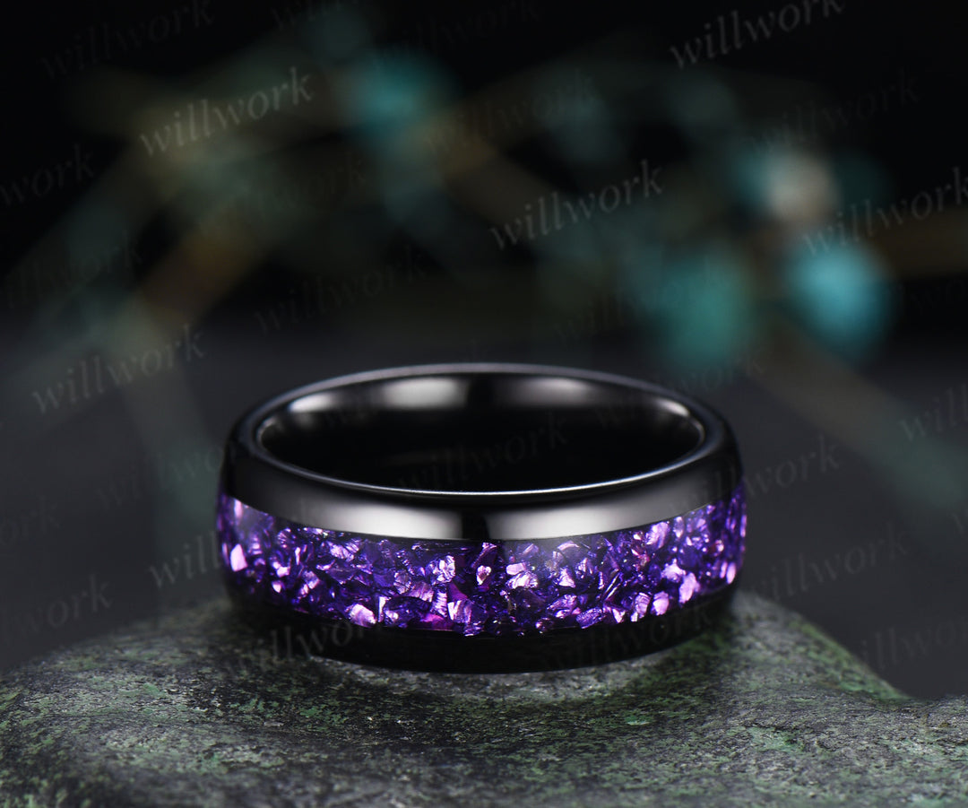 Teardrop Blue Sandstone Nature Inspired Leaf Amethyst Ring Set & Tungsten Amethyst Men Wedding Band Romantic Couple Jewelry Set