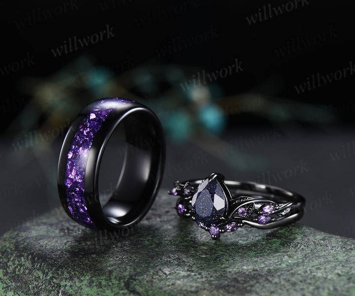 Teardrop Blue Sandstone Nature Inspired Leaf Amethyst Ring Set & Tungsten Amethyst Men Wedding Band Romantic Couple Jewelry Set