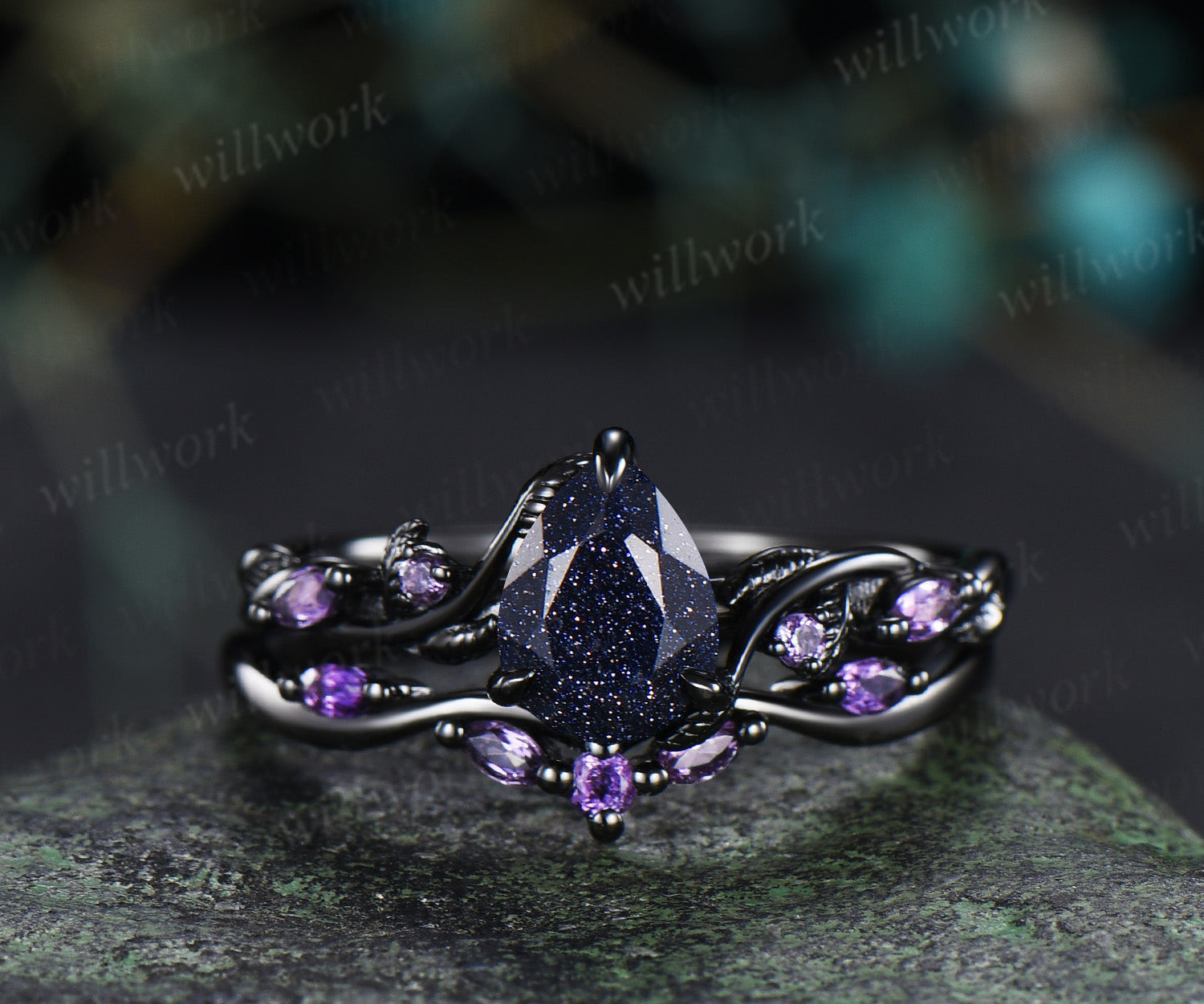 Teardrop Blue Sandstone Nature Inspired Leaf Amethyst Ring Set