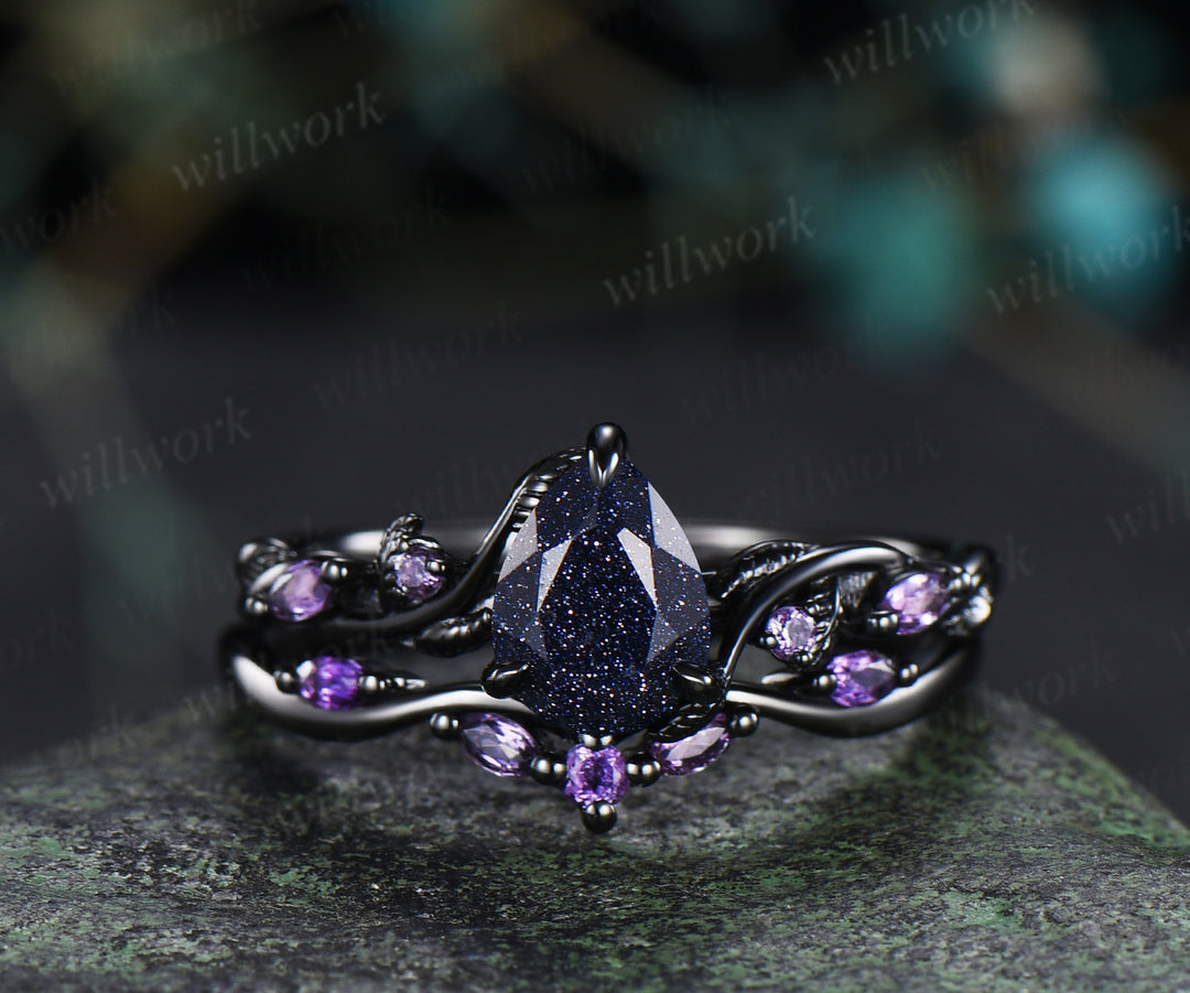 Teardrop Blue Sandstone Nature Inspired Leaf Amethyst Ring Set & Tungsten Amethyst Men Wedding Band Romantic Couple Jewelry Set