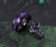 Teardrop Blue Sandstone Nature Inspired Leaf Amethyst Ring Set & Tungsten Amethyst Men Wedding Band Romantic Couple Jewelry Set