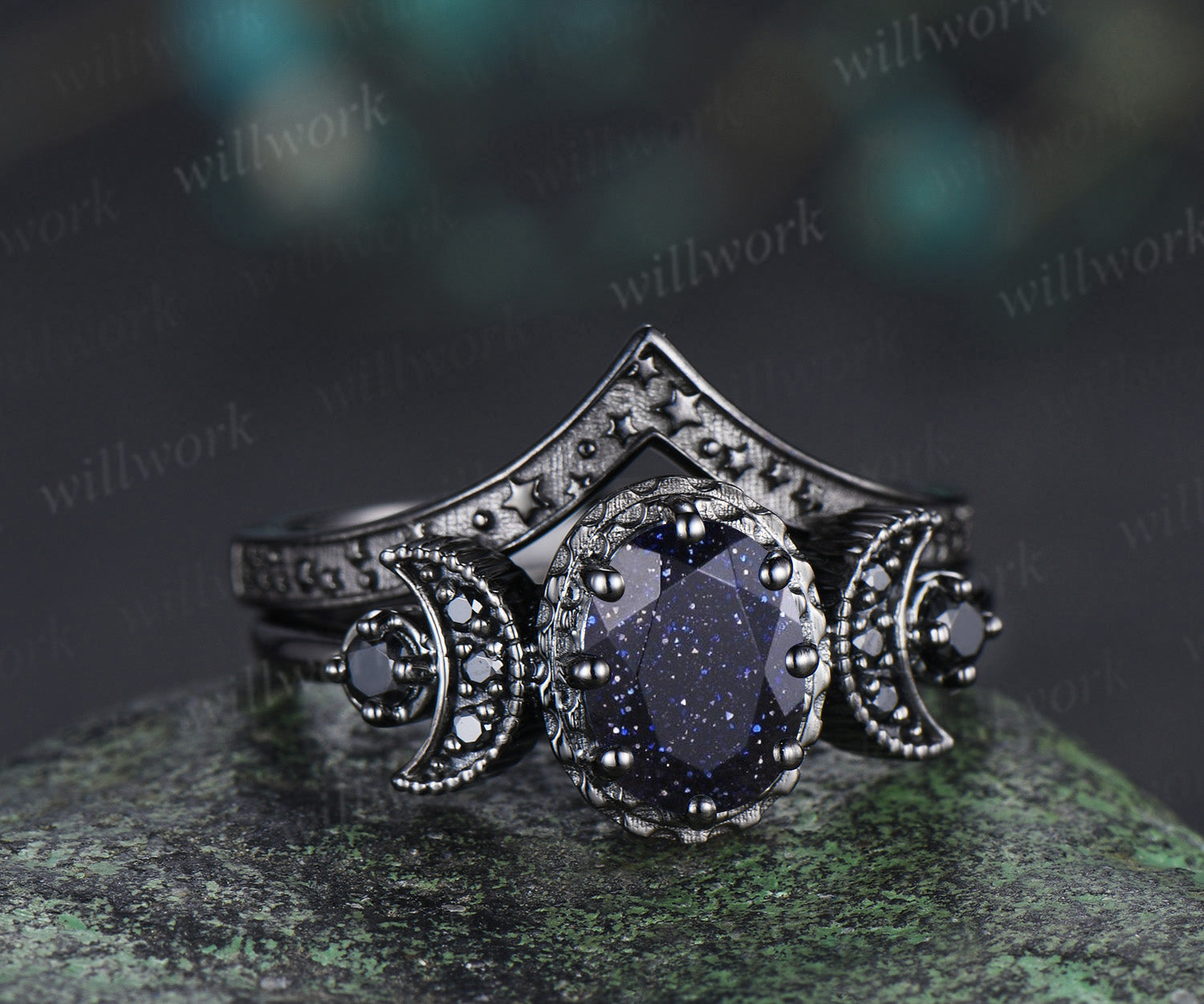 Black gold oval blue sandstone engagement ring black spinel moon