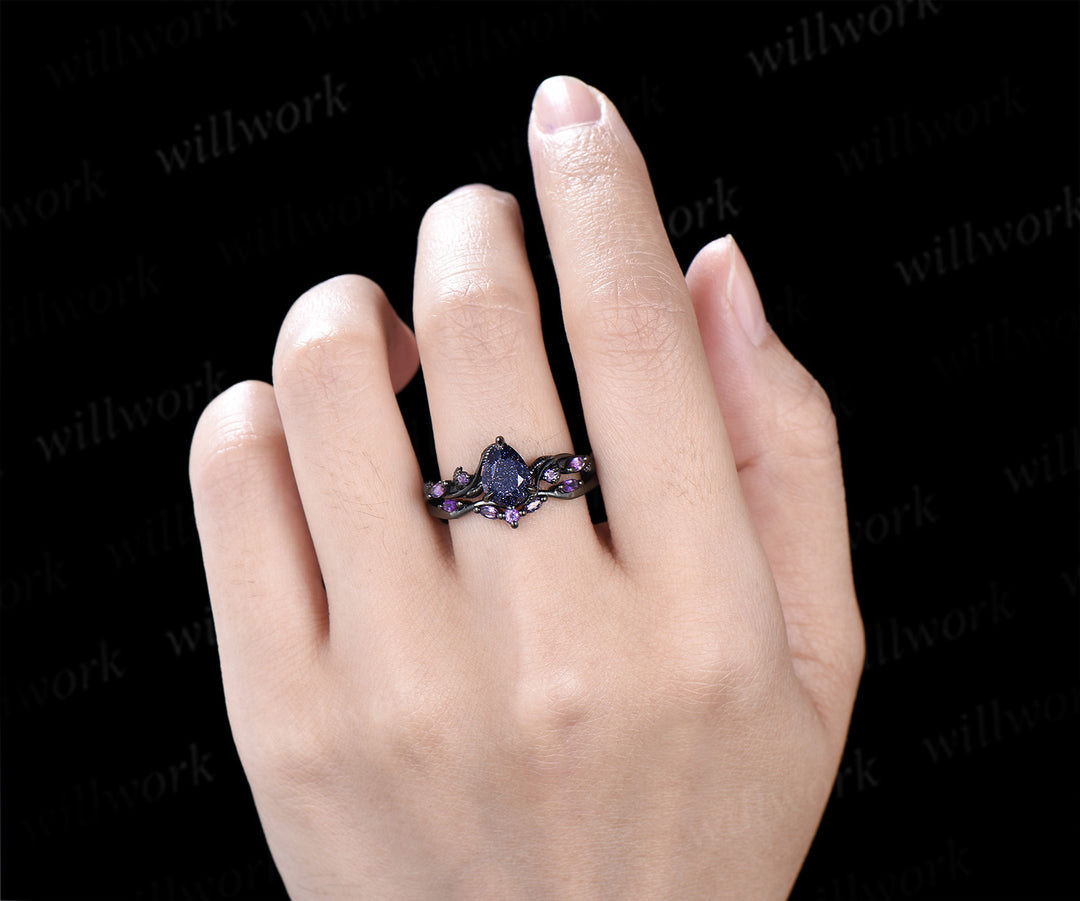 Teardrop Blue Sandstone Nature Inspired Leaf Amethyst Ring Set & Tungsten Amethyst Men Wedding Band Romantic Couple Jewelry Set
