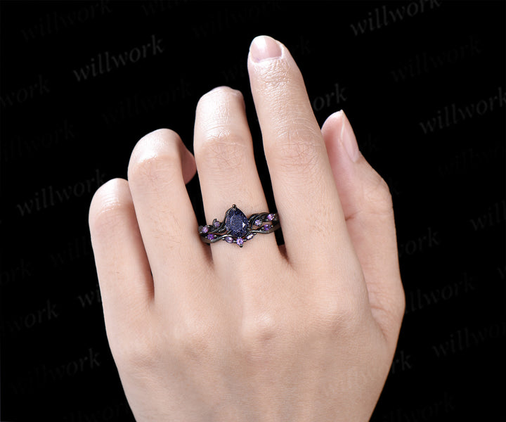 Teardrop Blue Sandstone Nature Inspired Leaf Amethyst Ring Set & Tungsten Amethyst Men Wedding Band Romantic Couple Jewelry Set