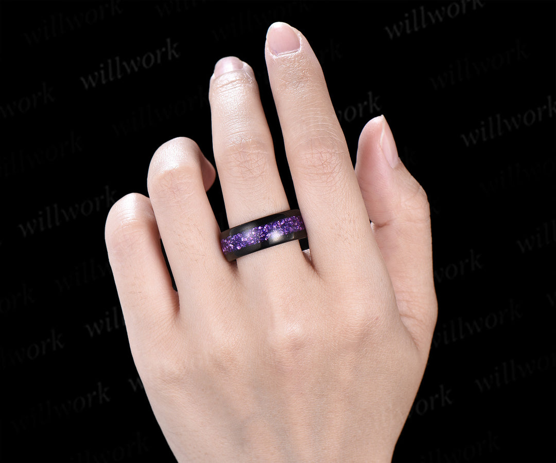 Teardrop Blue Sandstone Nature Inspired Leaf Amethyst Ring Set & Tungsten Amethyst Men Wedding Band Romantic Couple Jewelry Set