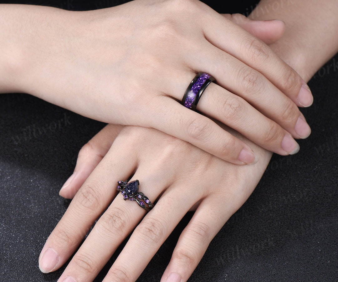 Teardrop Blue Sandstone Nature Inspired Leaf Amethyst Ring Set & Tungsten Amethyst Men Wedding Band Romantic Couple Jewelry Set