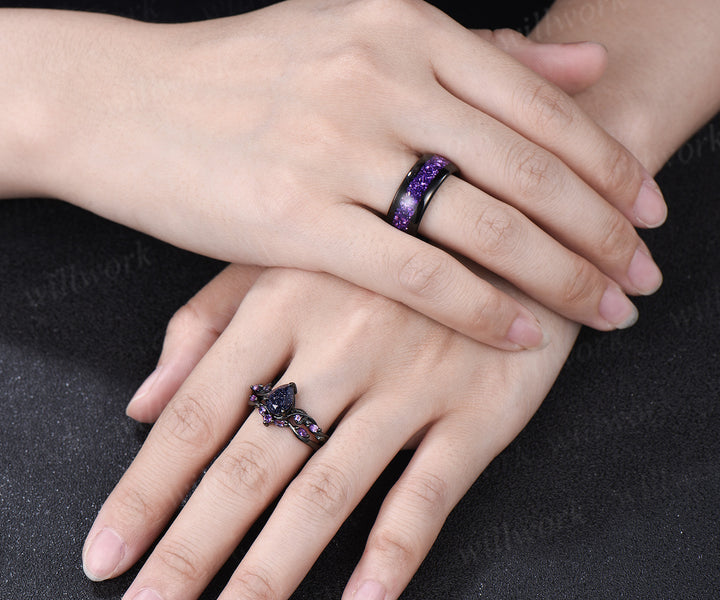 Teardrop Blue Sandstone Nature Inspired Leaf Amethyst Ring Set & Tungsten Amethyst Men Wedding Band Romantic Couple Jewelry Set