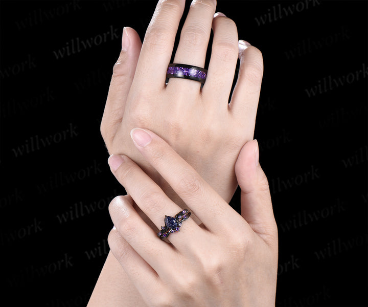 Teardrop Blue Sandstone Nature Inspired Leaf Amethyst Ring Set & Tungsten Amethyst Men Wedding Band Romantic Couple Jewelry Set