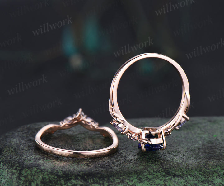Retro pear cut sapphire ring set nature inspired leaf vine tanzanite ring curved pearl band unique brial set promise rings