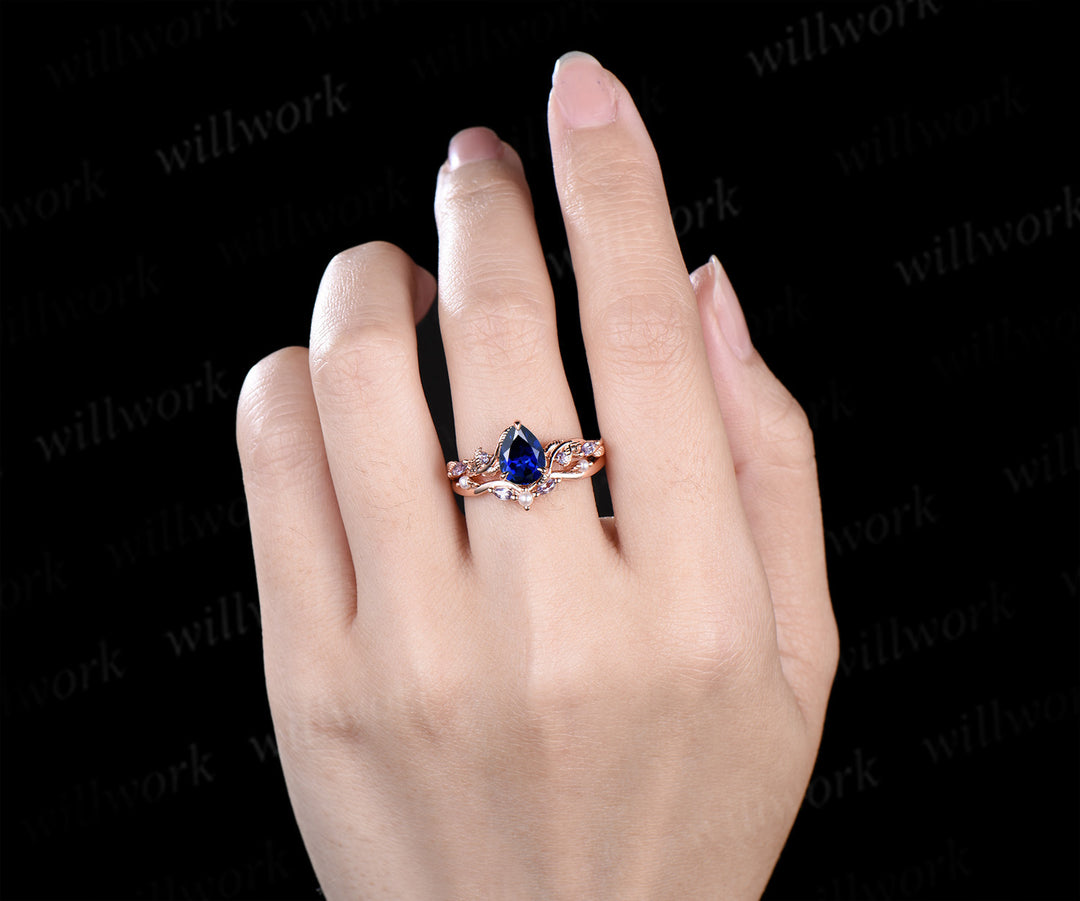 Retro pear cut sapphire ring set nature inspired leaf vine tanzanite ring curved pearl band unique brial set promise rings