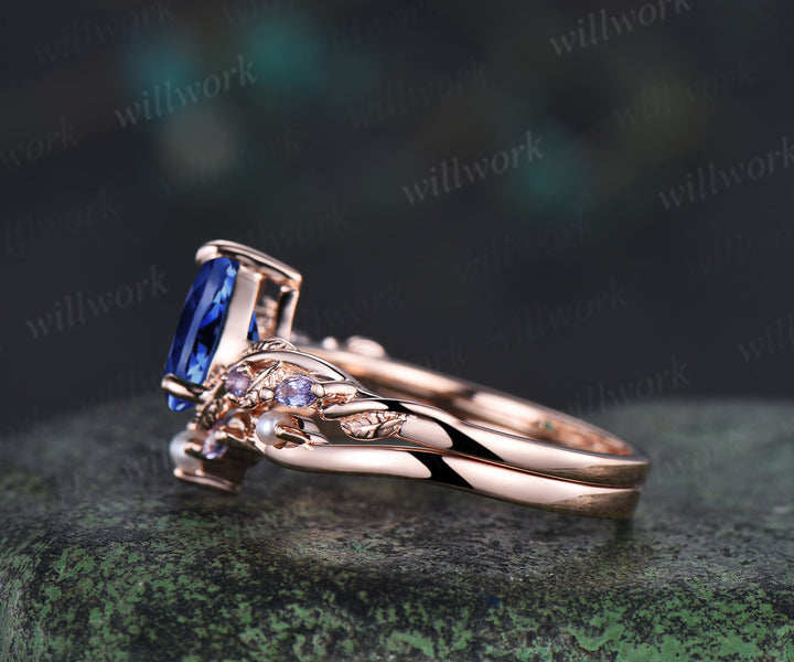 Retro pear cut sapphire ring set nature inspired leaf vine tanzanite ring curved pearl band unique brial set promise rings