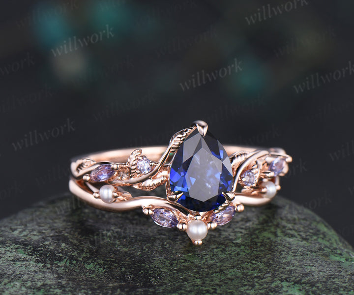 Retro pear cut sapphire ring set nature inspired leaf vine tanzanite ring curved pearl band unique brial set promise rings